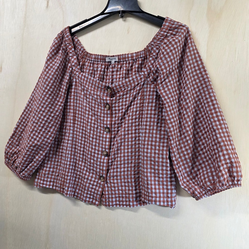 Madewell Gingham Button Front Puff Sleeve Top Terracotta Brown White Size 4 - Picture 10 of 10